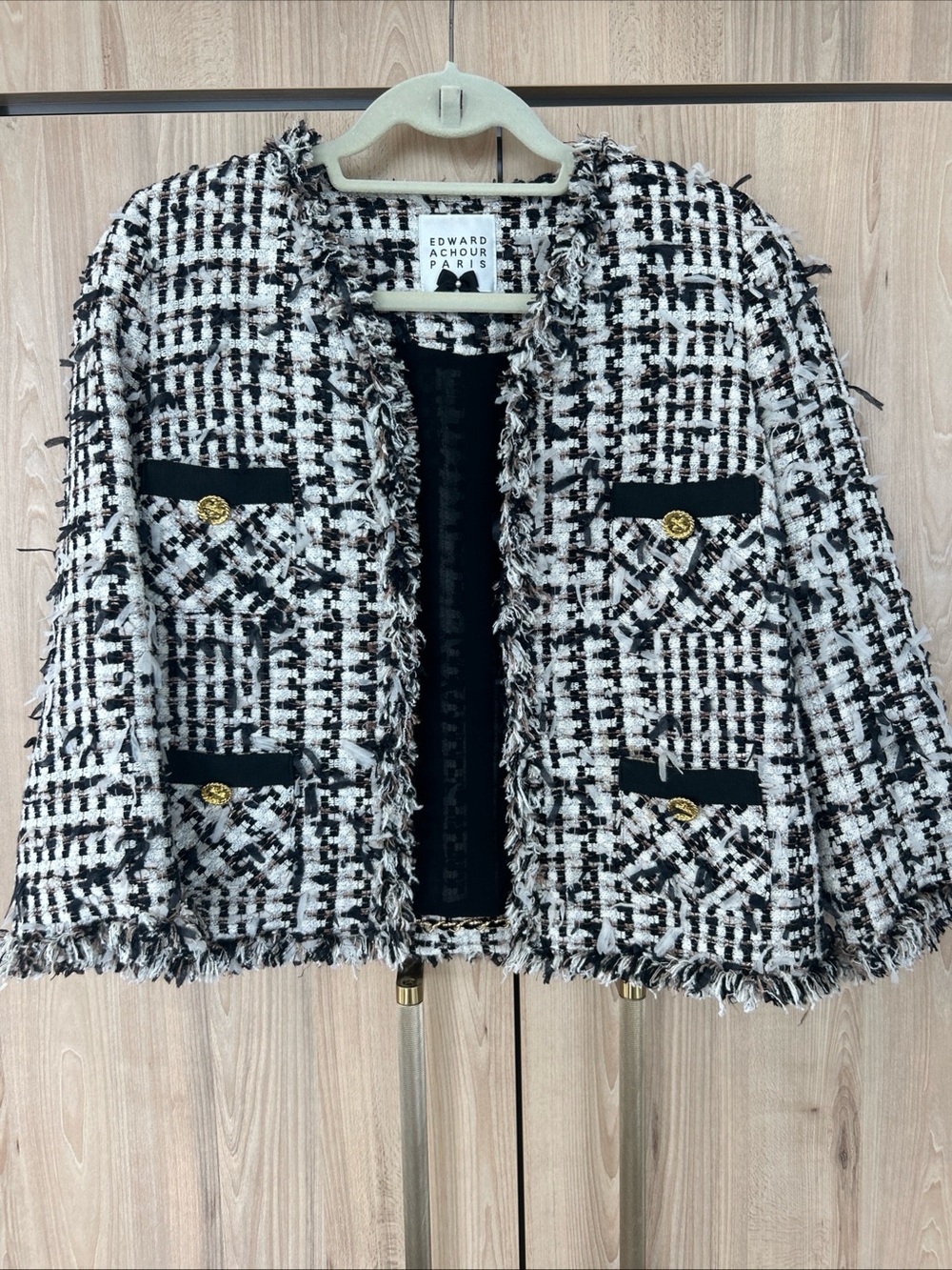 Edward Achour Paris Tweed Blazer Jacket Gold Buttons Women’s 40 US 8 Black White
